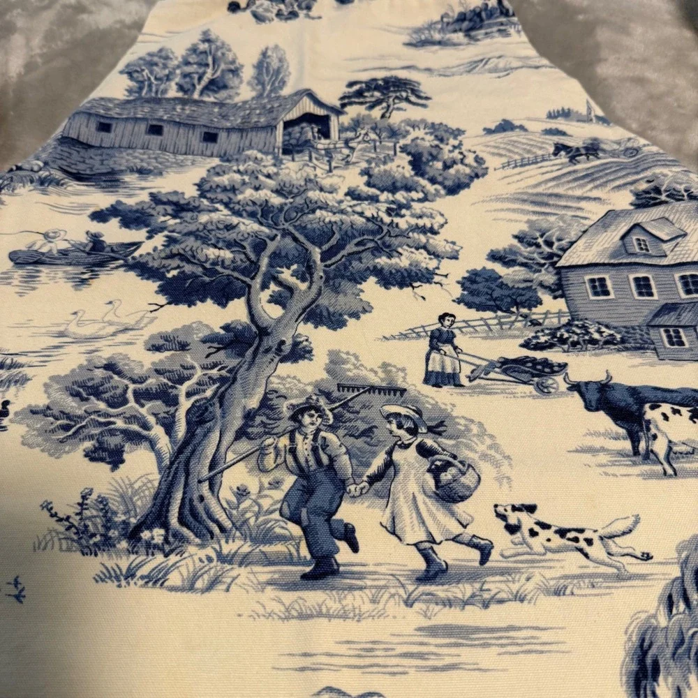 Blue Toile Farmhouse Apron Country Cottagecore Pastoral Scene Kitchen Cooking‎